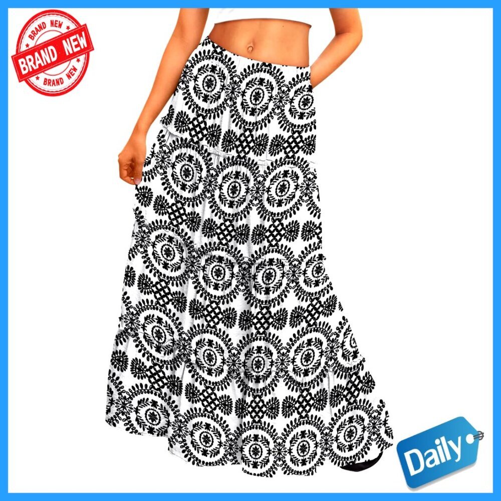 Maxi Skirt High Waist A-Line with Pockets Lightweight Polyester Boho